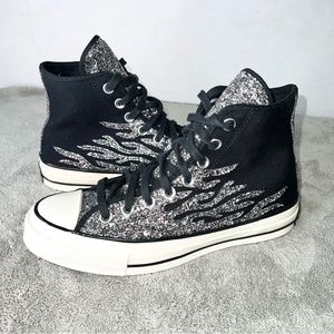 Converse Chuck Taylor All Star Womens Sz 8.5 Black With Silver Glitter Flame new